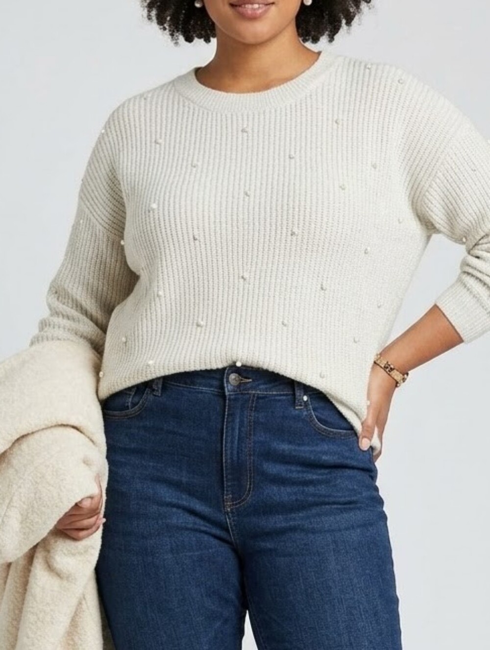 Lane Bryant Lithg Gray Pearl-Embellished Ribbed Crew Sweater Sz 14/16 Soft NWT